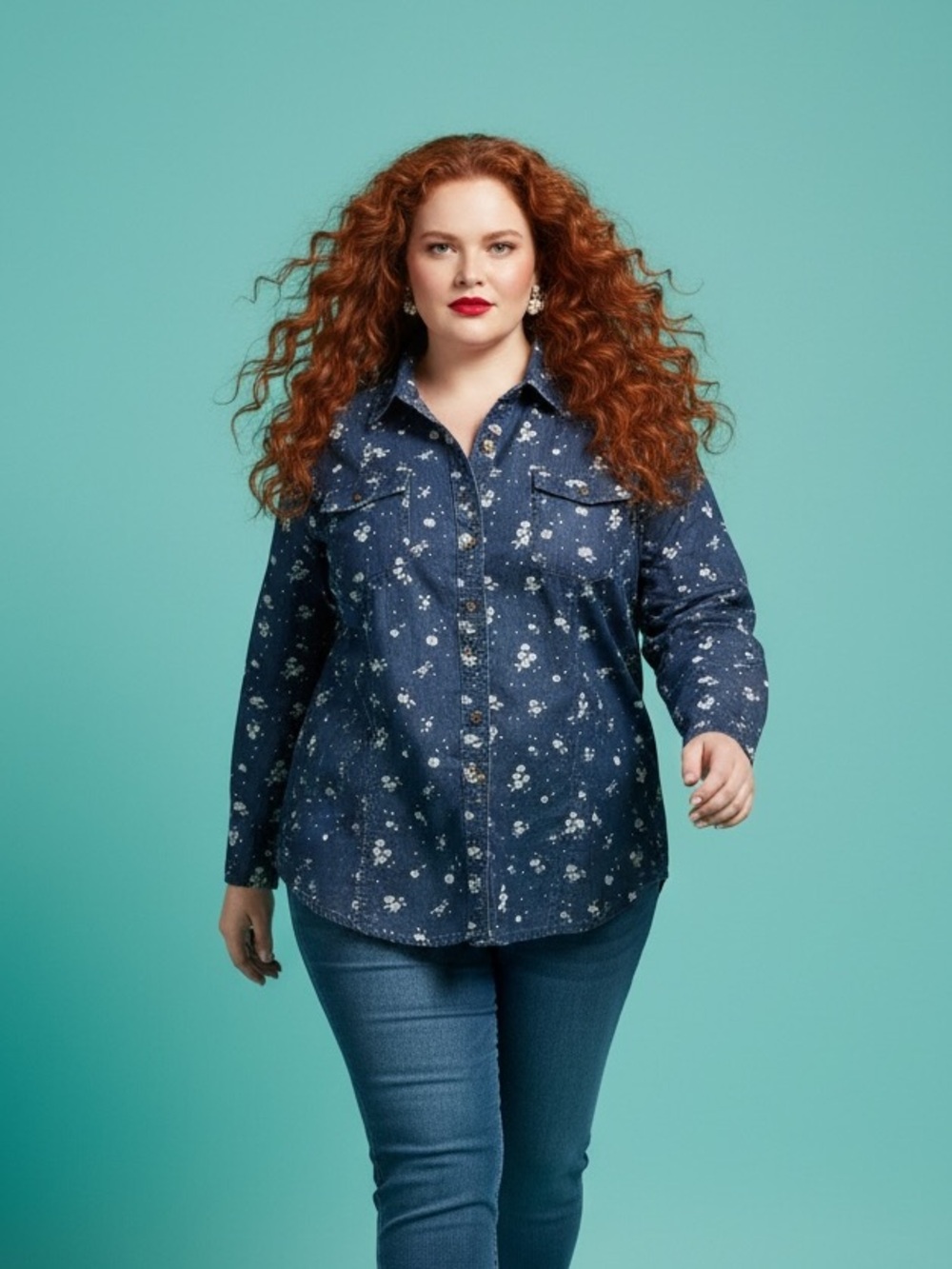 Warehouse One Lightweight Floral Denim Tabbed Sleeve Shirt Size 14